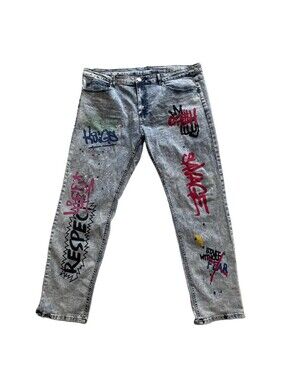 Y2K Argonaut Nation Graffiti Jeans Men’s 42x32 Streetwear Distressed Splatter